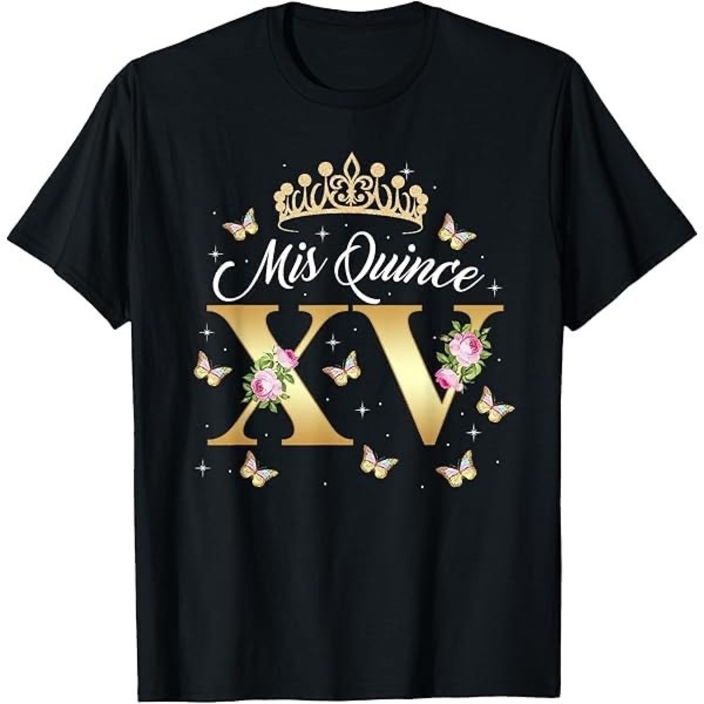 Mis Quince XV Birthday Graphic T-Shirt Black Cotton Oversized XL Crown Butterfly